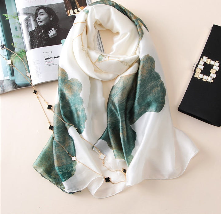 White Silk Scarf With Water Lily Design