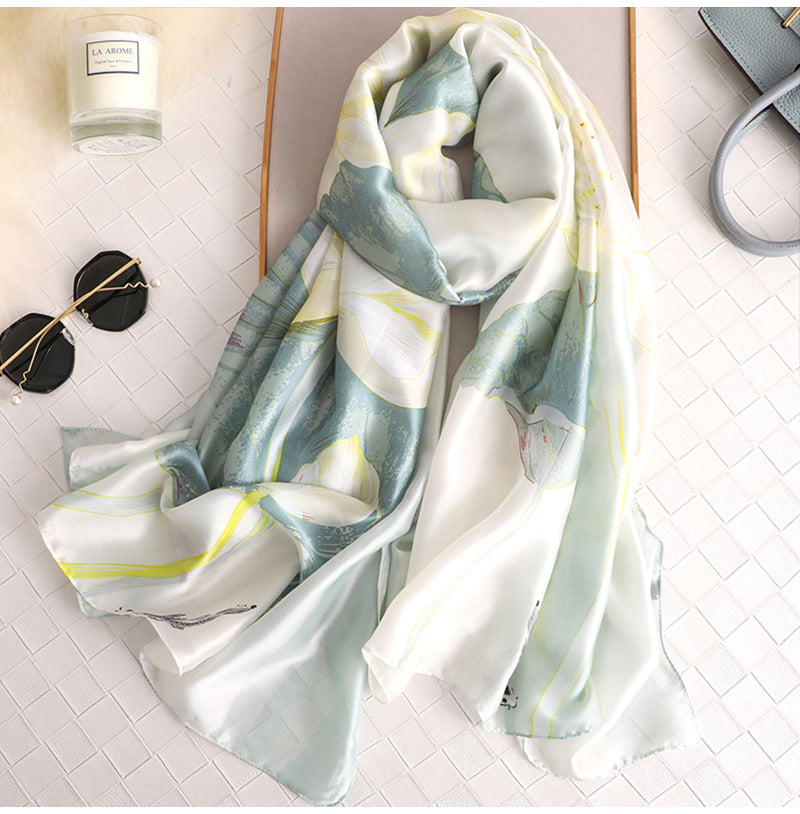 White And Mint Silk Scarf With Floral Design