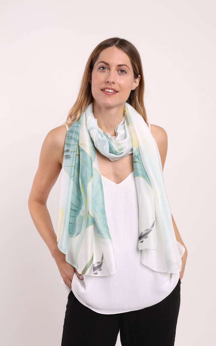 White And Mint Silk Scarf With Floral Design