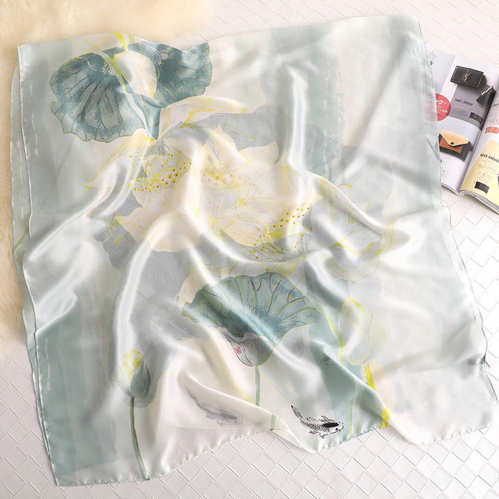 White And Mint Silk Scarf With Floral Design