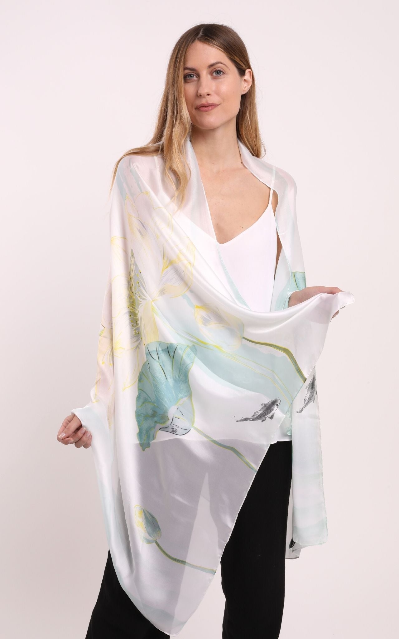 White And Mint Silk Scarf With Floral Design