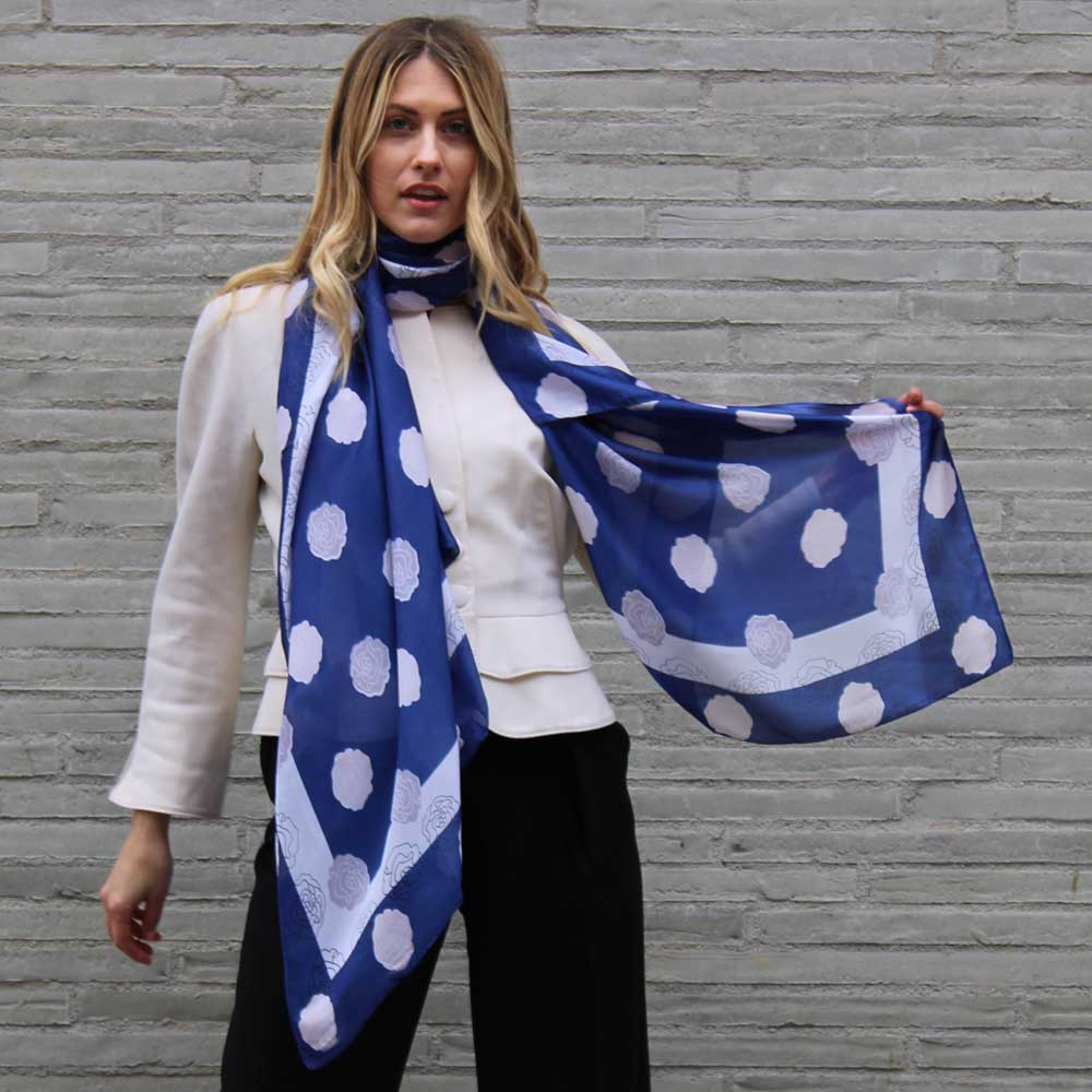 Silk Scarf In Navy Blue And White Floral