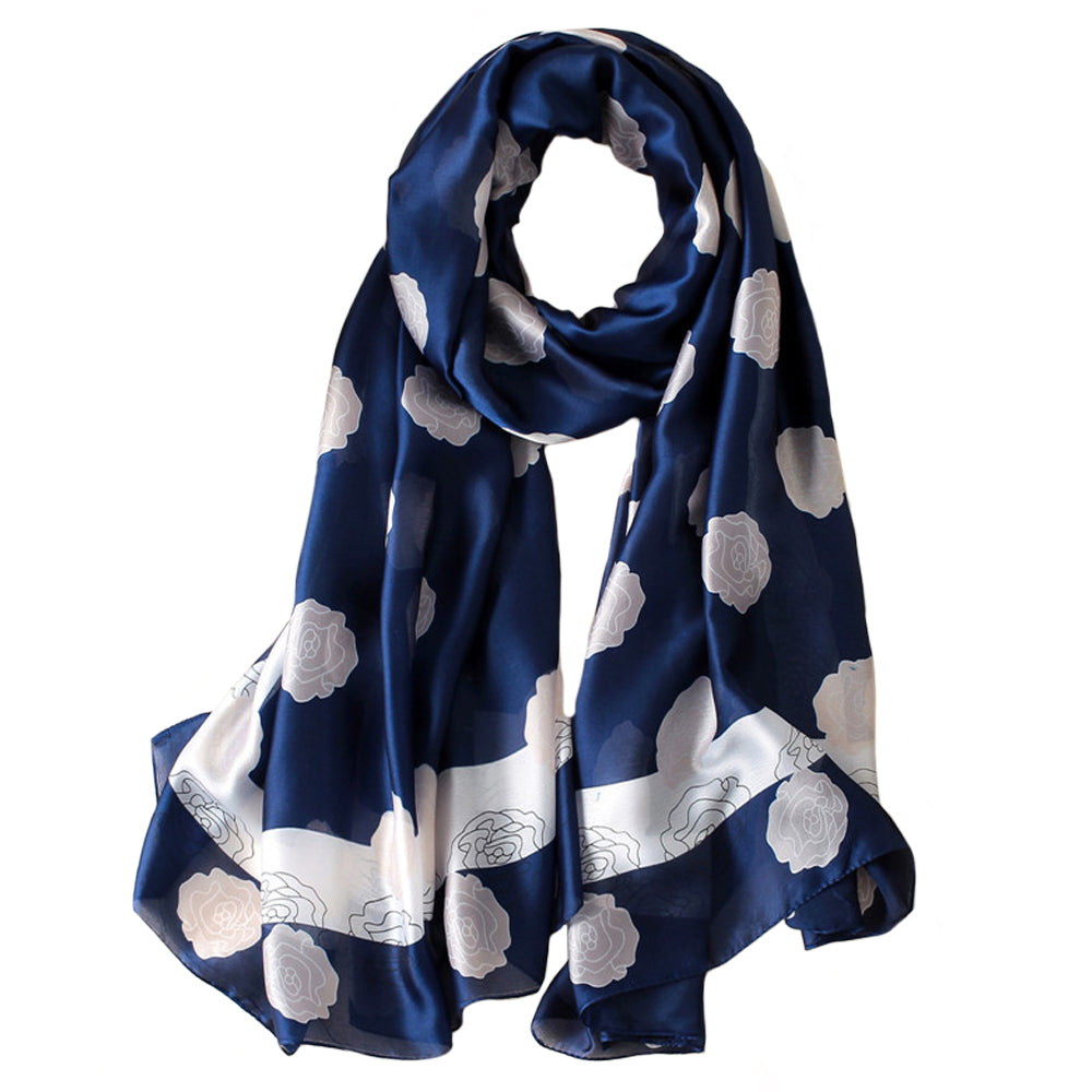 Silk Scarf In Navy Blue And White Floral