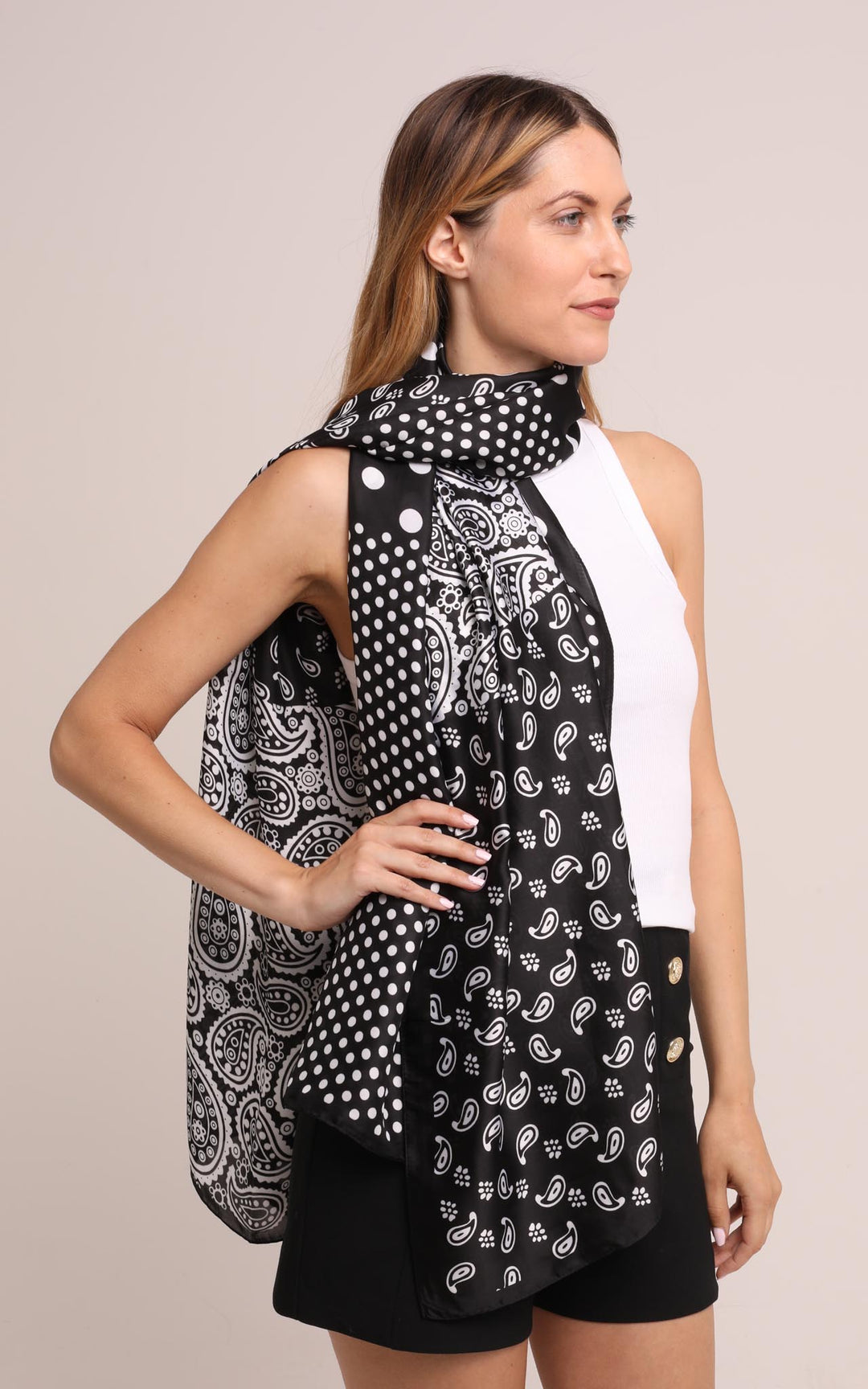 Silk Scarf in Black and White Paisley & Polka Dots