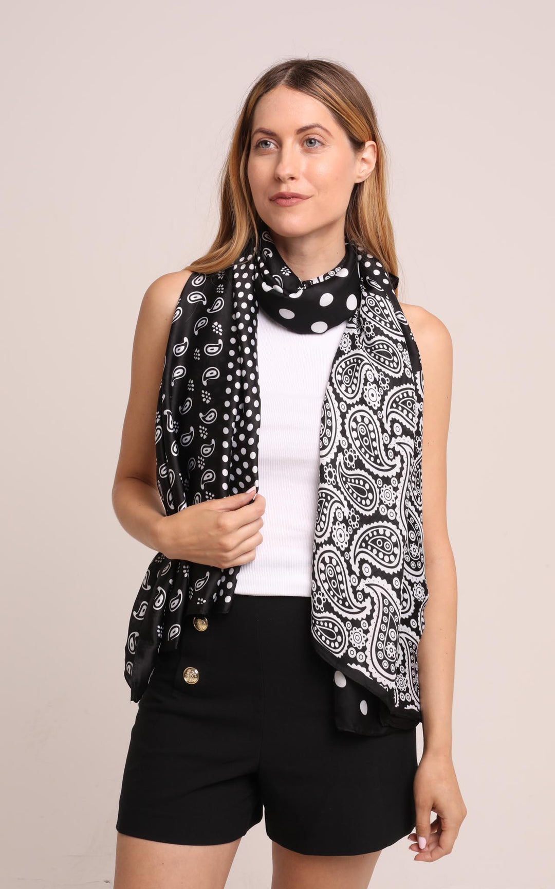 Silk Scarf in Black and White Paisley & Polka Dots