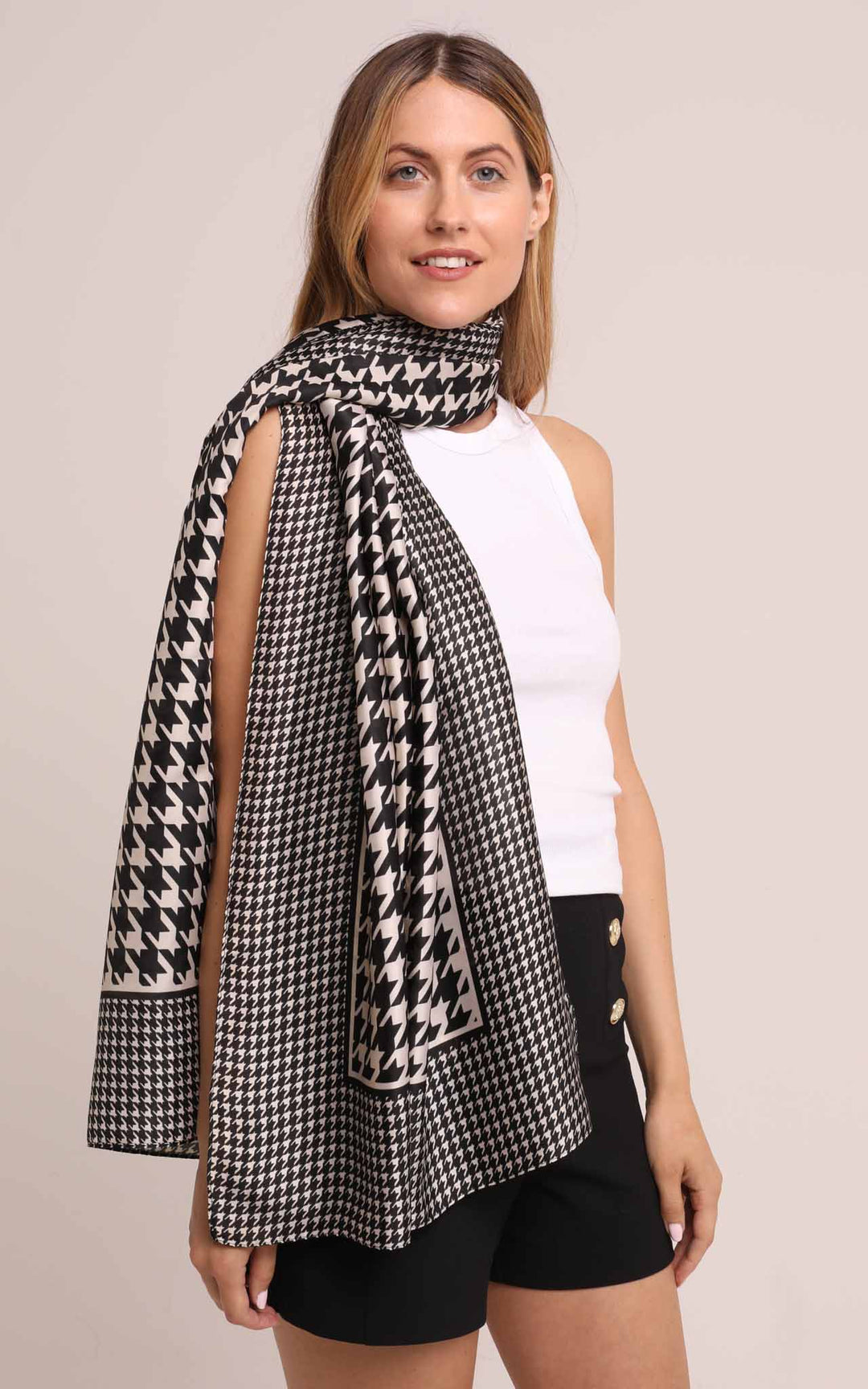 Silk Scarf in Black and White Houndstooth Print