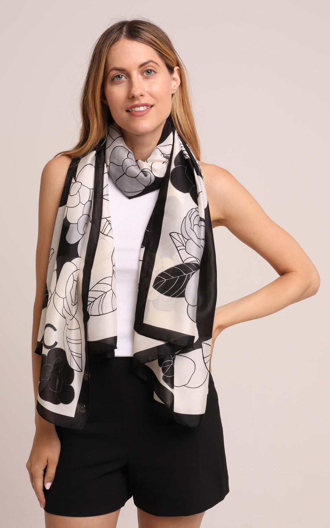 Silk Scarf in Black and White Floral Print