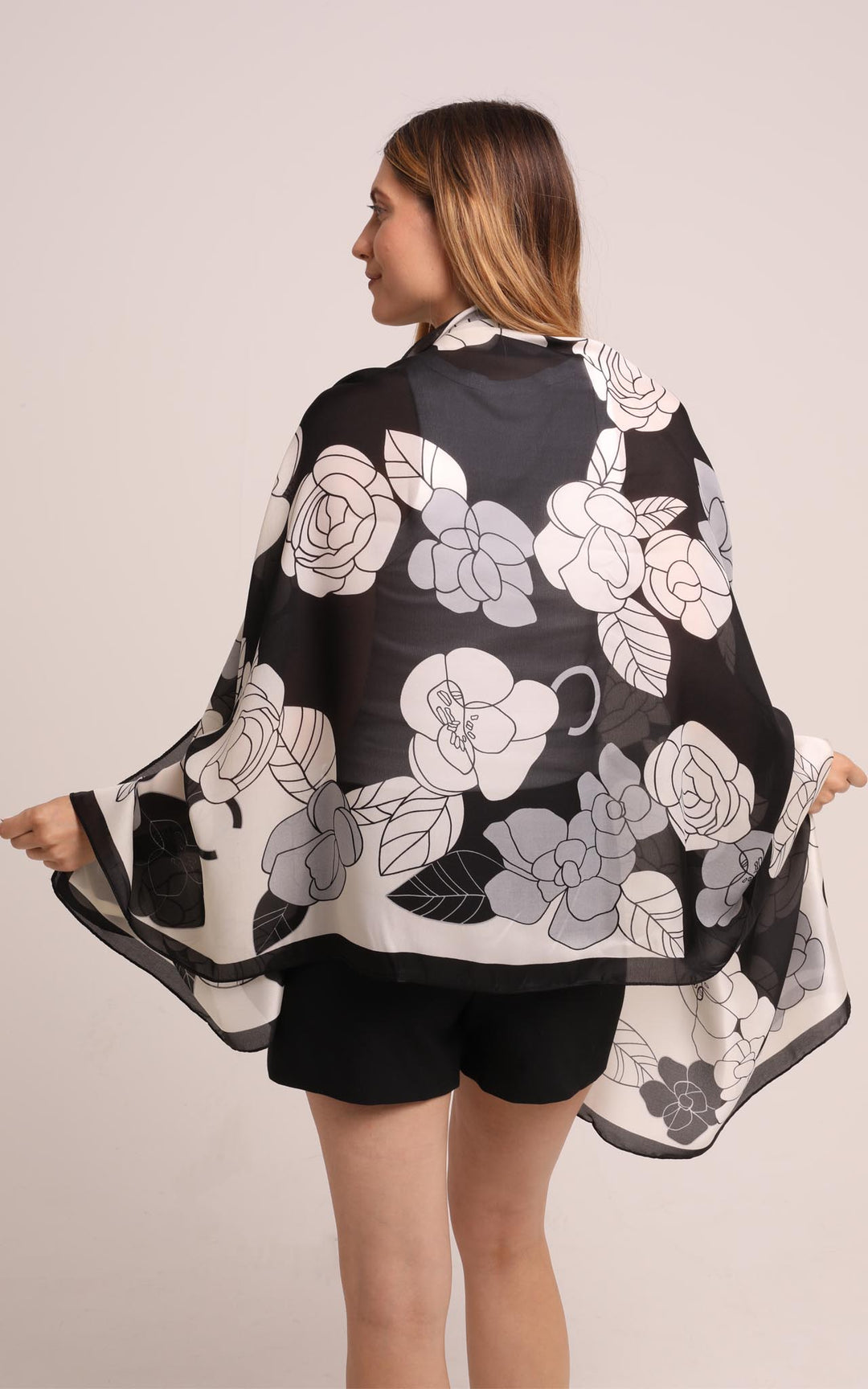 Silk Scarf in Black and White Floral Print