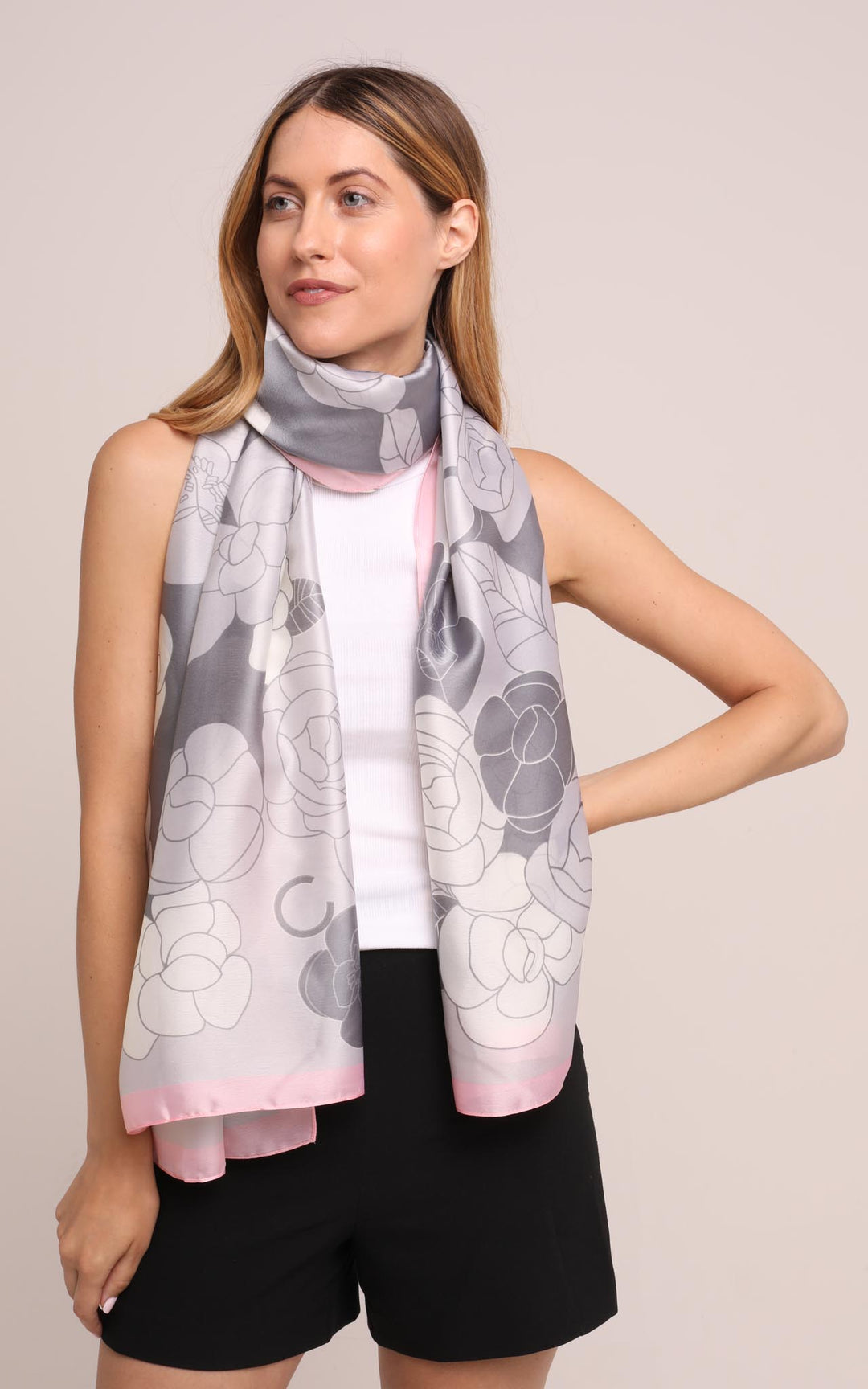 Silk Scarf in Grey and Pink Floral Print