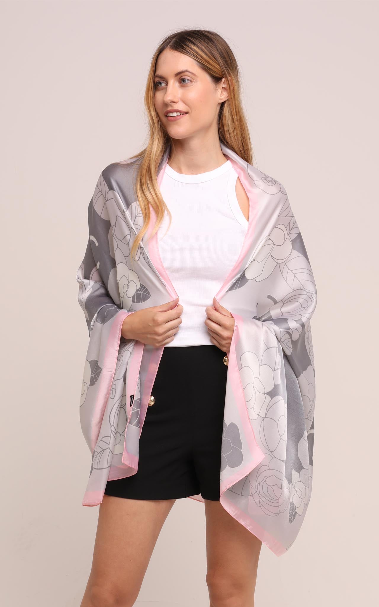 Silk Scarf in Grey and Pink Floral Print
