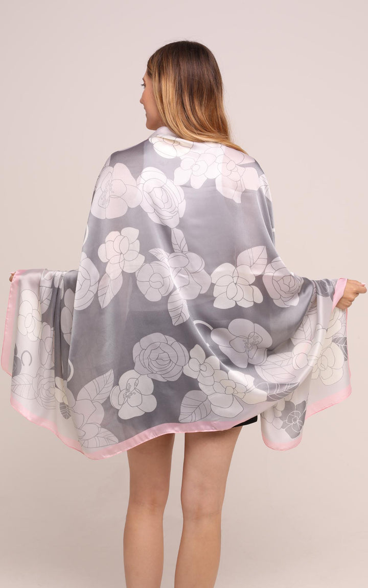 Silk Scarf in Grey and Pink Floral Print