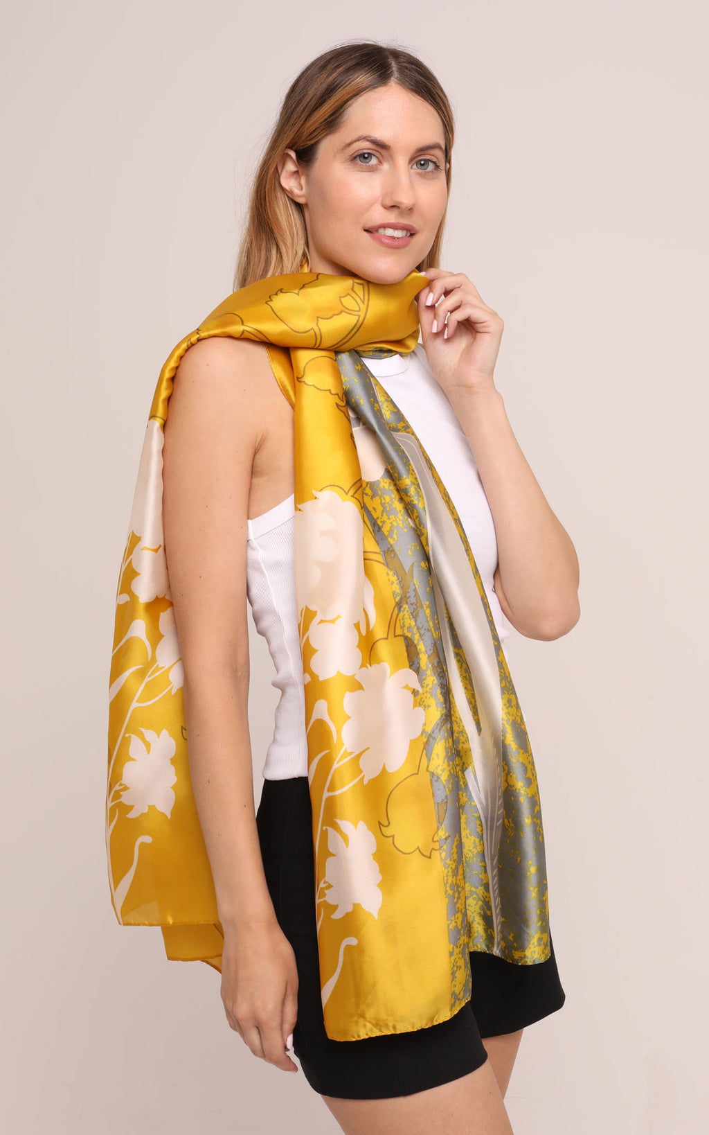 Silk Scarf in Mustard and White Snowdrop Print