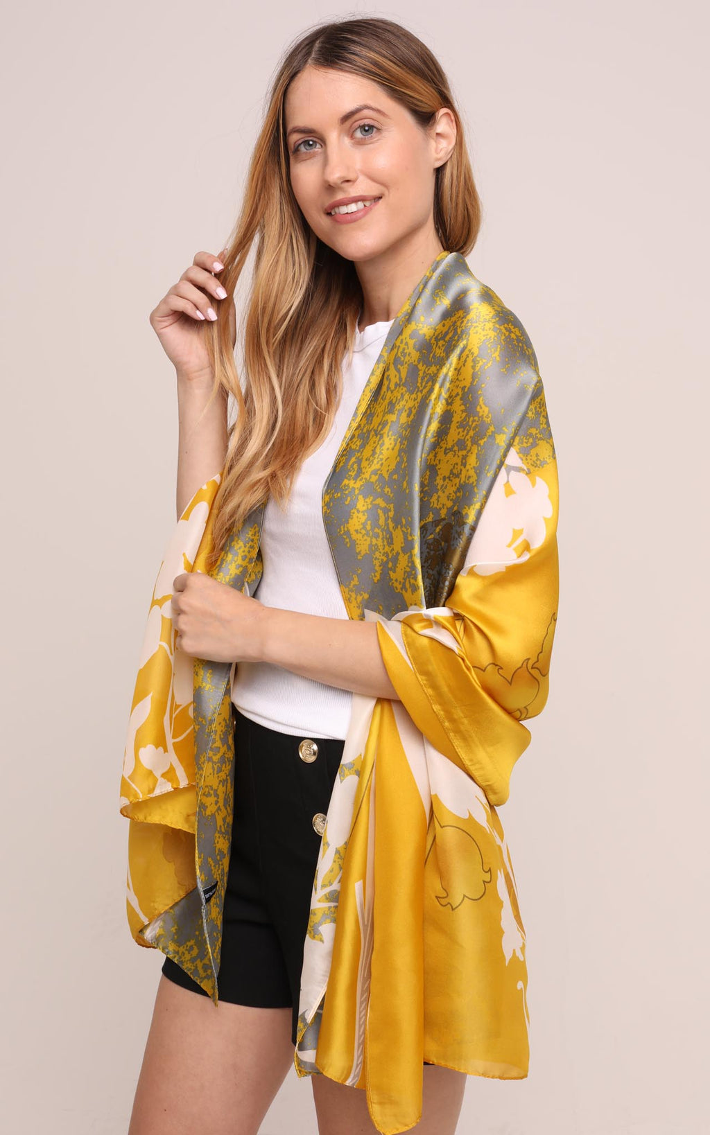 Silk Scarf in Mustard and White Snowdrop Print