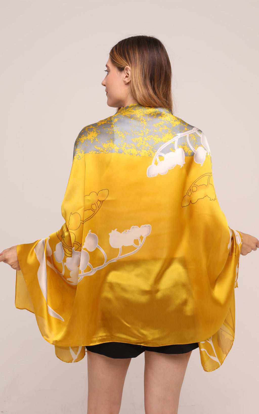 Silk Scarf in Mustard and White Snowdrop Print