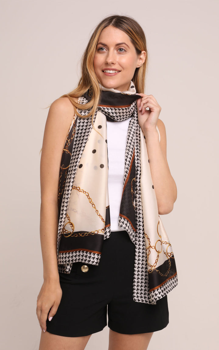 Silk Scarf in Black Cream Polka Dot and Chain Design