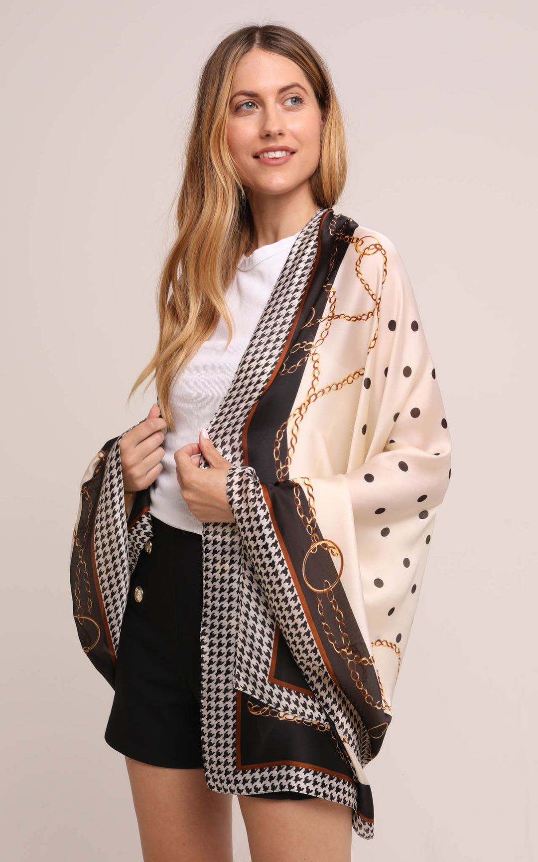 Silk Scarf in Black Cream Polka Dot and Chain Design