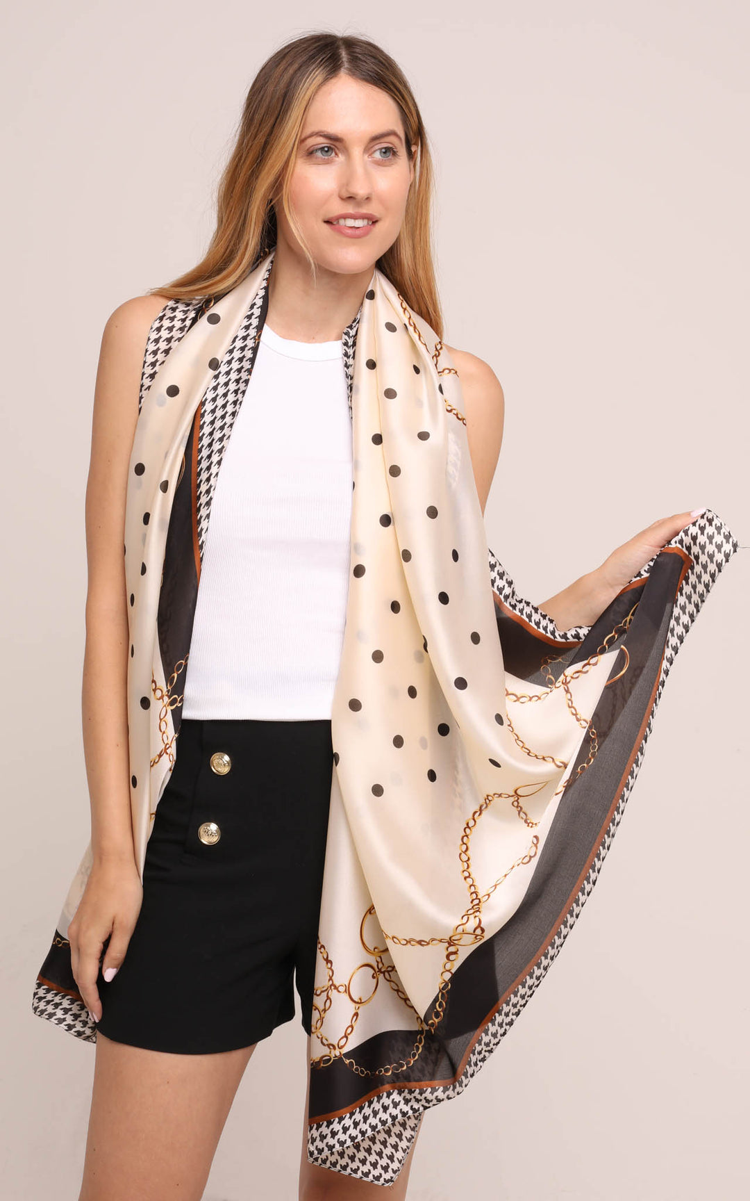 Silk Scarf in Black Cream Polka Dot and Chain Design