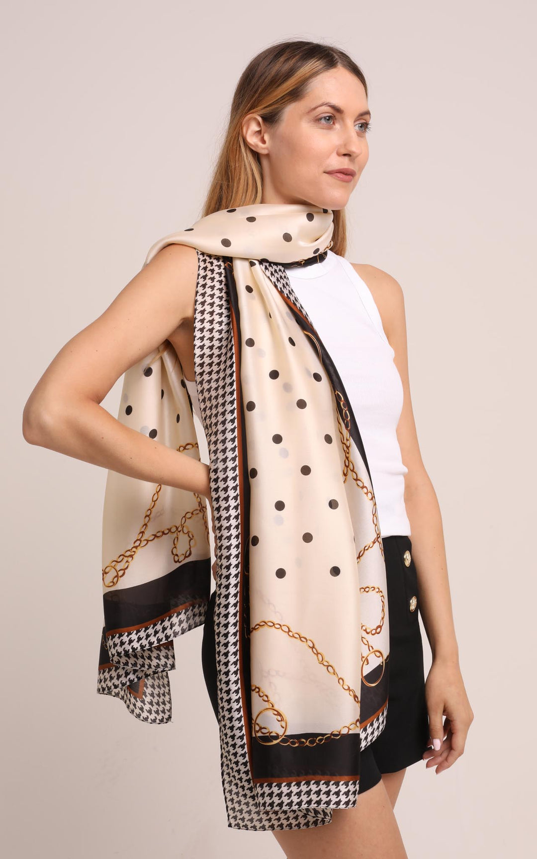 Silk Scarf in Black Cream Polka Dot and Chain Design