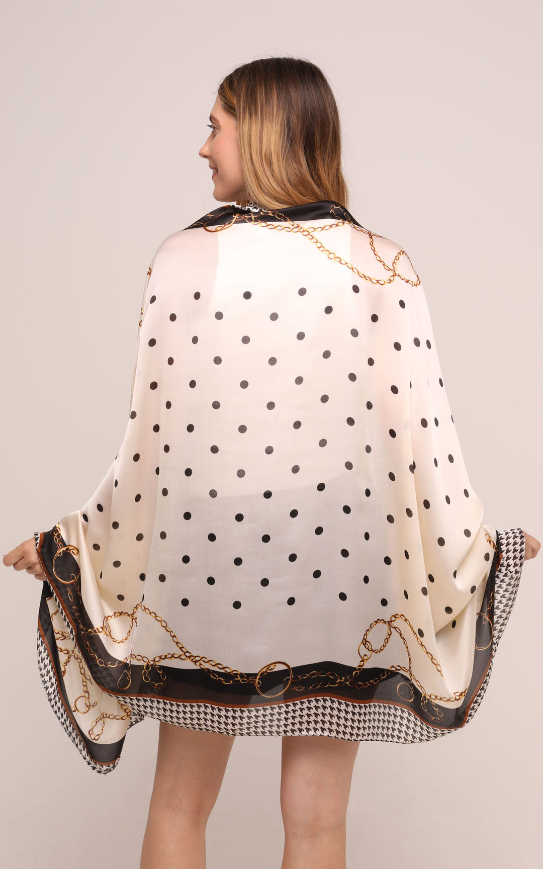 Silk Scarf in Black Cream Polka Dot and Chain Design