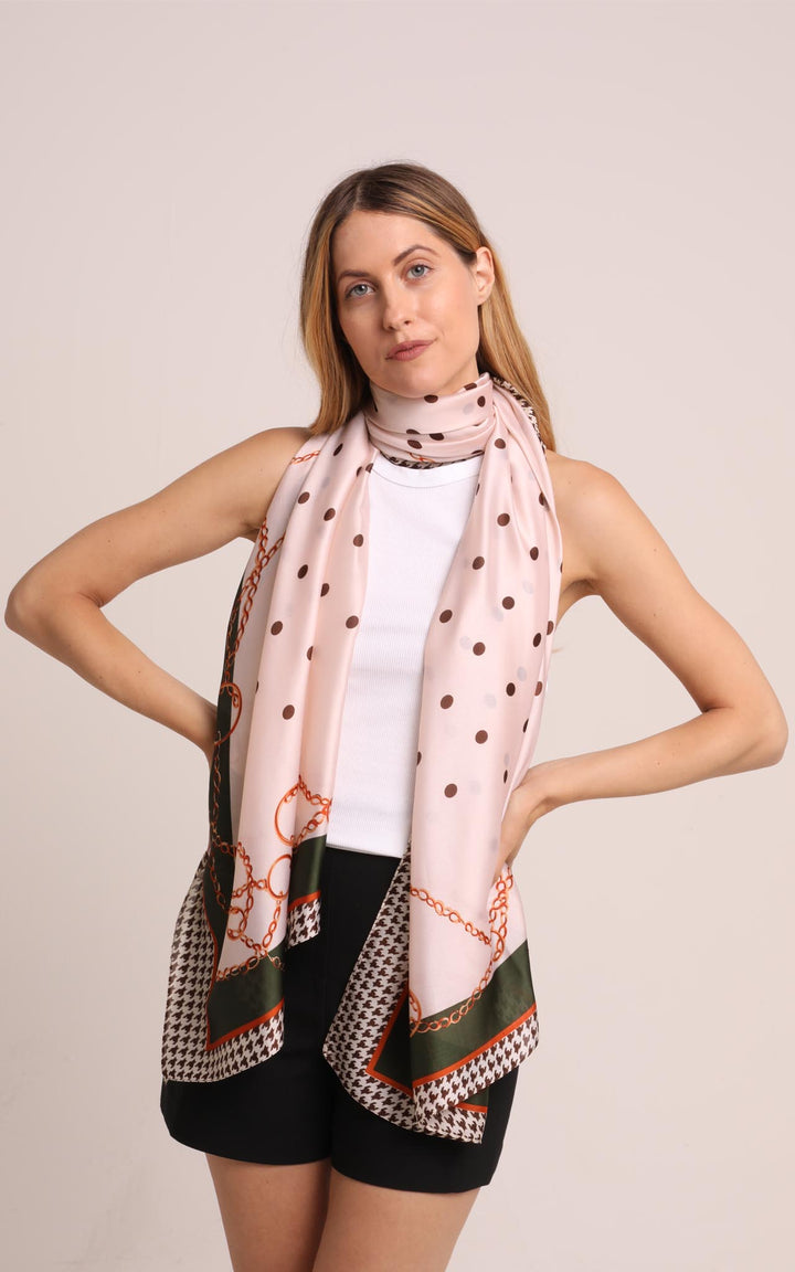 Silk Scarf in Green and Pale Pink Polka Dot and Chain Design
