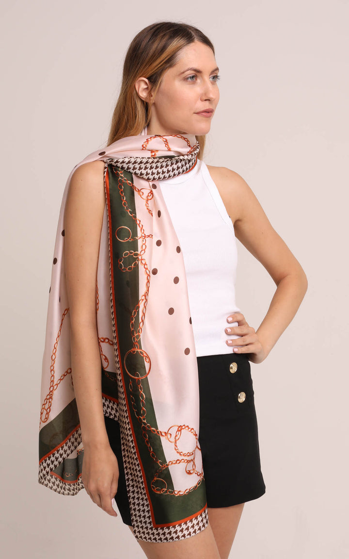 Silk Scarf in Green and Pale Pink Polka Dot and Chain Design