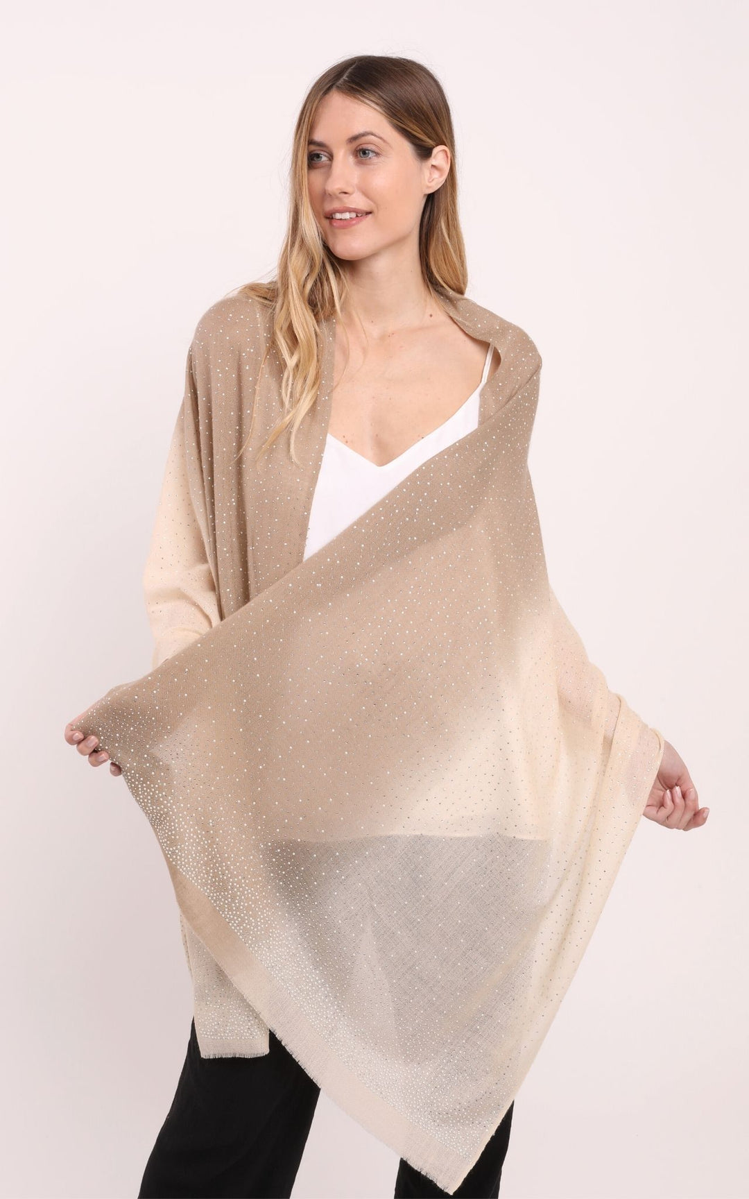 Beige Shaded Cashmere Scarf with Crystals & Pearls