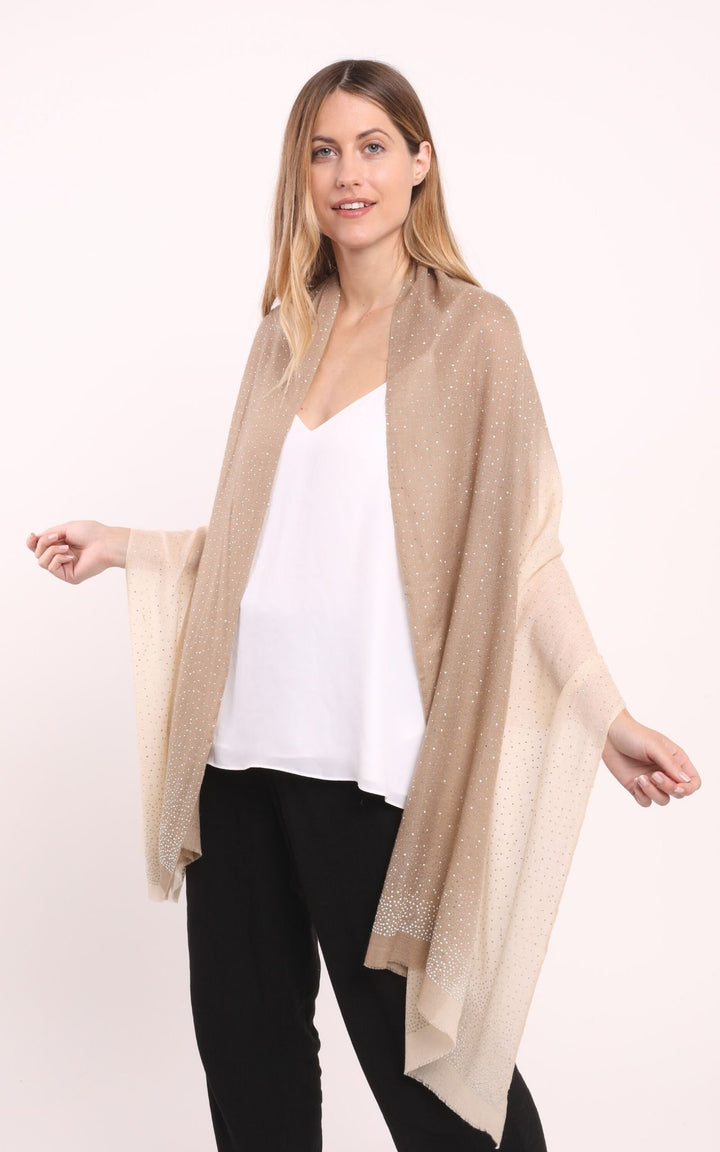 Beige Shaded Cashmere Scarf with Crystals & Pearls