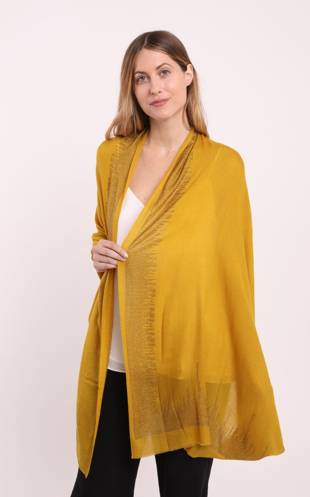 Mustard Cashmere Scarf with Crystal Border