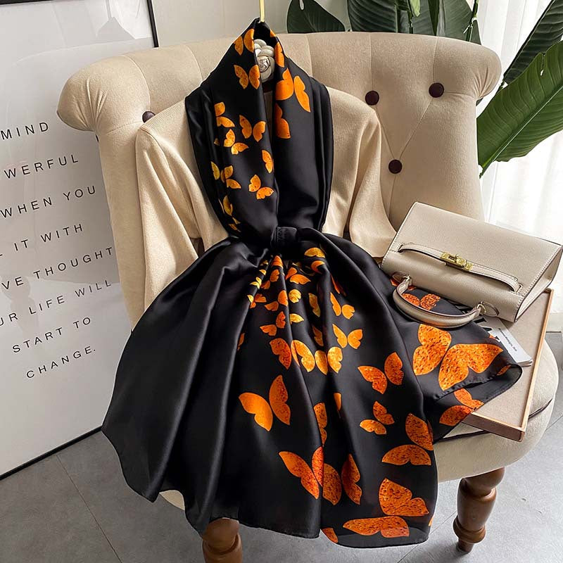 Black Silk Scarf with Butterfly Print