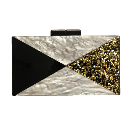 Ivory Marble, Black and Gold Glitter Acrylic Clutch